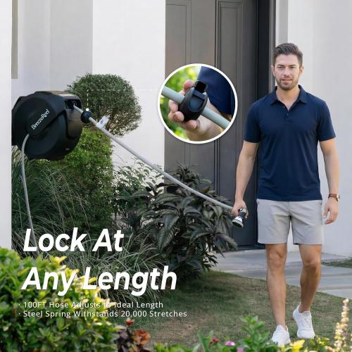 Retractable Garden Hose Reel 1/2 inch x 100ft, 3-Ply Reinforced Heavy Duty, Any Length Lock, 180° Swivel Bracket, Slow Return, Auto-Layering, 10 Spray Patterns for Outdoor Watering