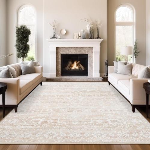 10x14 Area Rugs for Living Room Large Washable Rugs for Bedroom Floral Vintage Non-Slip Thin Area Rug Indoor Home Office Decor Beige