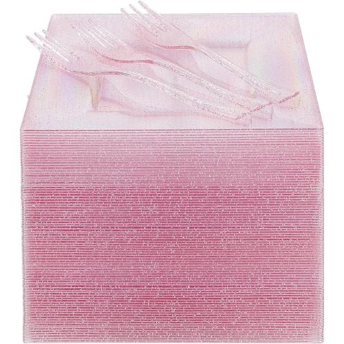 200 Pcs Pink Dessert Plates Including 100Pcs Appetizer plates 6'',100Pcs Plastic Forks 5.7'',Rose Glitter Plastic Square Plate for Wedding,Pink Salad plates and Cake forks for Birthday Party