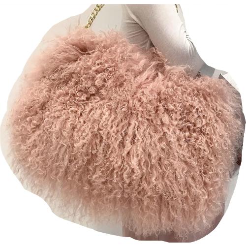 ME-01 Big Fluffy Fur Handbag With Real Mongolian Lamb Fur Long Curly Hair And Long Exchangeable Silver Chain Luxury Shoulder Bag Furry Clutch For Women(One Size, Rubber Powder)