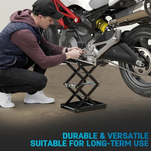 Upgraded Double-Layer Motorcycle Lift Stand with J Crank Handle & Socket | 1100 LB Capacity Steel Motorcycle Jack Stand, Scissor Lift with Deepened Rubber Pad & Wide Deck for Motorcycles