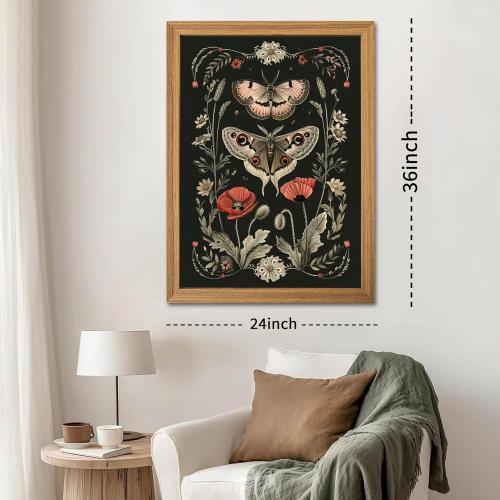 Vintage Framed Wall Art - 3D Textured Classical Style Moth Pictures Wall Decor - Hand Drawn Flowers Nature Art Painting for Living Room Bedroom Home Decor 24x36in