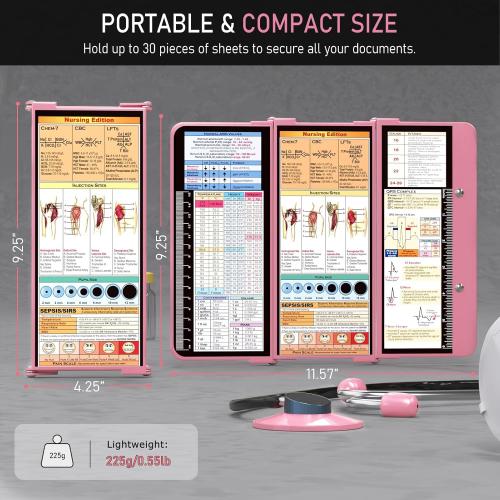 Nursing Clipboard Foldable, Foldable Clip Board w/Nursing Edition Cheat Charts, 3 Layers Aluminum, Nurse Plank w/Low Profile Clip&Pen Clip Pocket for Students, Nurses and Doctors, Pink