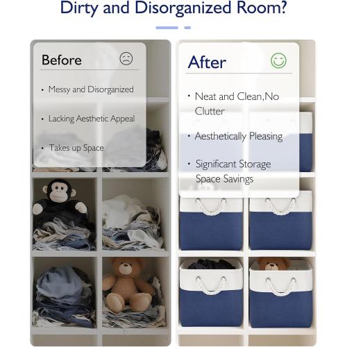 11 Inch Cube Storage Bins, 6 Pack Fabric Storage Cubes with Rope Handles, Organizer Baskets for Closet Shelves, Clothes and Home Organization(White/Blue)