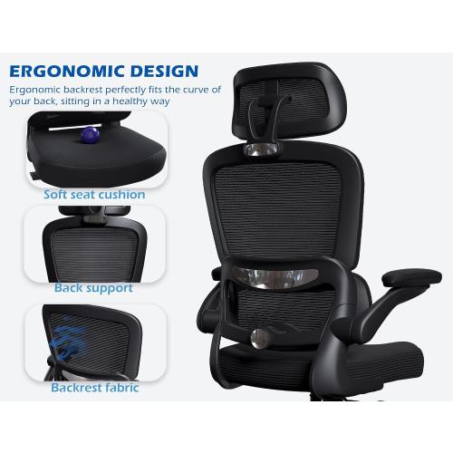 TRALT Ergonomic Office Chair - Desk Chair with Adjustable Headrest Lumbar Support Computer Chair - Mesh Comfy Chair with Flip-up Armrests - Gaming Chairs for Adults Home Office (Leather, Black) | Home Office Desk Chairs with Flip-up Armrests & 3D Headrest - Mesh Gaming Chair for Adults, 330lbs, PU Leather (Black, 1)