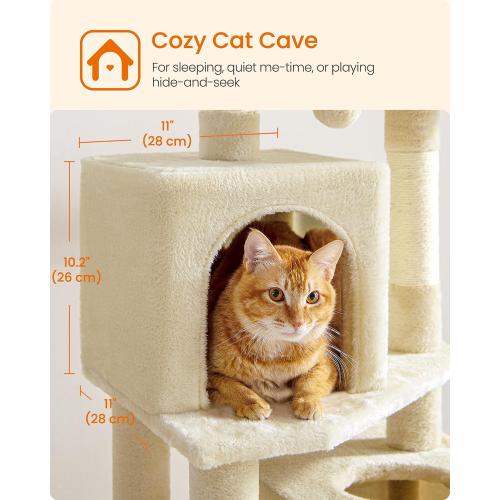 (same brand model different) Feandrea Cat Tree, Cat Tower, Plush Multi-Level Condo with  Scratching Posts, Perches, Caves, Hammock, Pompoms, Beige UPCT192M01