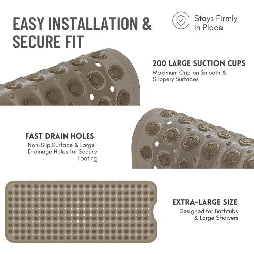 COLOR BLACK Bathtub Mat Non-Slip, 39 x 15.5 Extra Long Shower Mat with Suction Cups, Anti Mold BPA Free & Machine Washable Textured Bath Mat for Tub, Ideal for Kids, Seniors & Pregnant Women