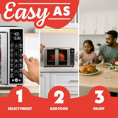 Gourmia French Door Air Fryer – 25 Qt Large Capacity Convection Oven, Fryfroce 360°, Digital Display with 17 Cooking Presets, Bake, Toast, Roast, Dehydrate, Fits 12” Pizza