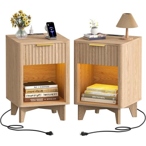 Fluted Nightstand Set of 2, Wooden Night Stand with Charging Station and LED Light, Modern Mid Century End Table with Drawer, Bedside Table for Bedroom, Natural Oak