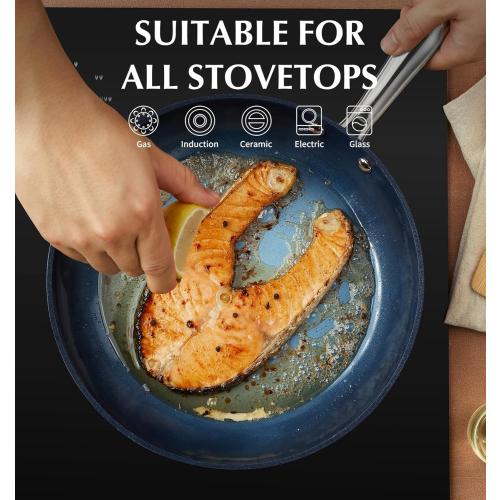 KOCH SYSTEME CS 14 Inch Large Frying Pan with Lid, Nonstick Skillet with Ceramic Interior, Large Fry Pan for Family & Commercial Cooking, Frying Pan Nonstick, Oven Safe & Induction Compatible, Blue