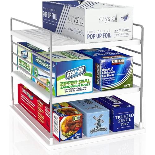 White Pantry Organizers and Storage, Foil and Plastic Wrap Organizer- Divided Compartment Holder for Aluminum Foil&Wraps&Baggie Boxes, Upgraded Shelf Organizer for Pantry Organizer, Pantry Storage