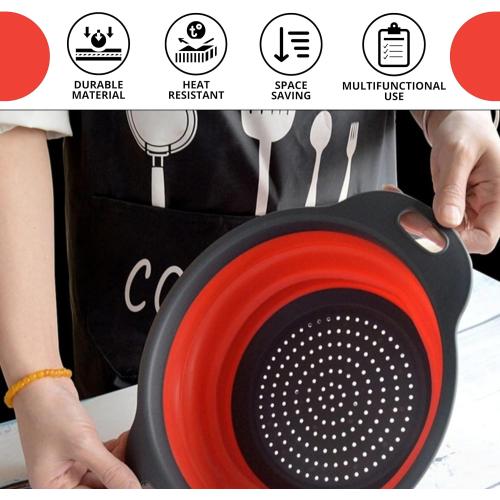 Round Collapsible Colander with Plastic Handles Round Silicone Kitchen Strainers Foldable Kitchen Strainer Perfect for Draining Pasta Vegetable and Fruit Red 2pk