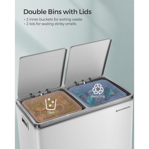 Size 2 x 8 Gallon SONGMICS Trash Can, Size 2 x 8 Gallon (2 x 30 L) Garbage Can for Kitchen, with 15 Trash Bags, 2 Compartments, Plastic Inner Buckets and Hinged Lids, Airtight, White and Gray ULTB60WT