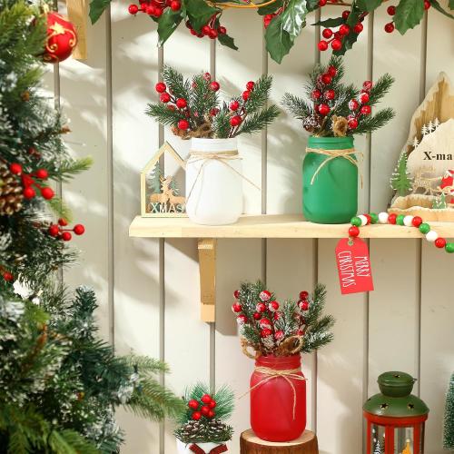 Karenhi 16 Pcs Christmas Centerpieces for Tables Christmas Mason Jars Xmas Glass Tray Table Decorations with Artificial Pine Picks and Garland Xmas Farmhouse Dining Kitchen Indoor Desk Home Decor