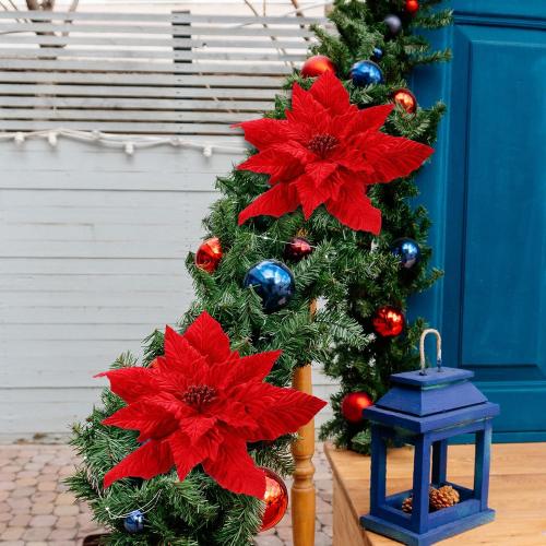 Velvet Poinsettia Christmas Tree Topper 16'' Jumbo Artificial Velveteen Poinsettia with Stem Faux Flower Xmas Tree Ornament for Christmas Holiday Wedding Holiday Party Decor(Classic Red)