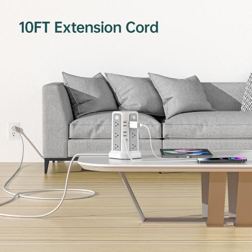 Surge Protector Power Strip Tower with PD18W USB C Port,10FT Extension Cord with 12 AC Mutiple Outlets 5 USB Charging Ports, PASSUS Power Tower Surge Protection for Home Office Dorm Room
