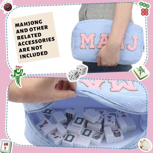 Empty Mahjong Bag Thickened American Mahjong Tiles Bag with Zipper Storage Pouch for Board Game Pieces Game Party Travel Gatherings Accessories, 10.4''x5.6'', Case Only (Mahj,Light Blue)