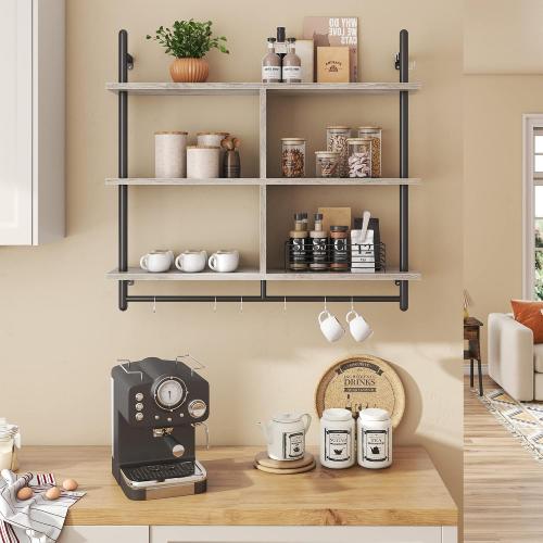Bestier Floating Pipe Shelving Kitchen Shelves Wall Mounted 3 Tier Ladder Coffee Bar Shelf 3 Tier Bundle, Retro Grey