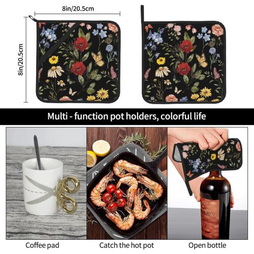 Vintage Wild Floral Pot Holders Set of 2 Retro Rose Sunflower Kitchen Decorative Heat Resistant Potholder Cotton Lining Oven Hot Pads for Cooking Baking Microwave Oven End Dishes BBQ Gifts