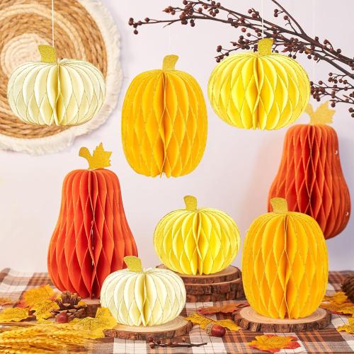 SUBBEAUTY 8 PCS Pumpkin Honeycomb Centerpieces Fall Pumpkin Party Decoration Thanksgiving Centerpieces for Tables Orange Honeycomb Decorations for Halloween Autumn Festival Party Decor