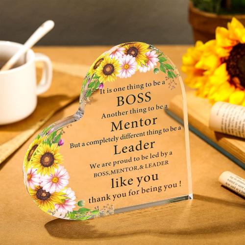 Yulejo Christmas Gift for Boss Work Boss Day Gifts for Women Men Heart Shape Acrylic Plaque Boss Paperweight Gift Thank You Boss Lady Office Desk Gift for Birthday Appreciation Retirement (Sunflower)