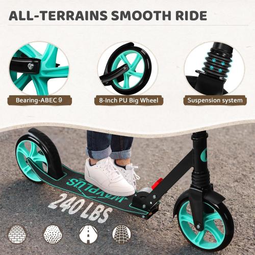 Kick Scooter for Ages 6 ,Kid, Teens & Adults. Max Load 240 LBS. Foldable, Lightweight, 8IN Big Wheels for Kids, Teen and Adults, 4 Adjustable Levels. Bearing ABEC9