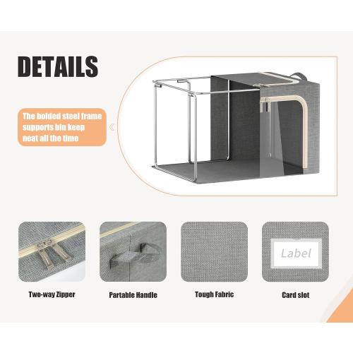 3 Pcs,Light Grey,66L 3 Opeings Large Clothes Storage Bins with Metal Frame, Foldable Storage Bin for Clothes, Clothing Storage Bins with Lid, Linen Storage Box With Clear Window＆ Zippers＆ Handles.(3 Pcs,Light Grey,66L)