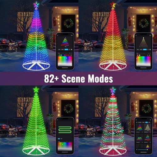 8FT Lighted Outdoor Christmas Tree Smart App Control, 388 LEDs RGB Chirstmas Cone Tree Lights Music Sync, DIY Prelit Christmas Tree Lightshow, Magical Xmas String Lights Timer Remote for Yard Decor