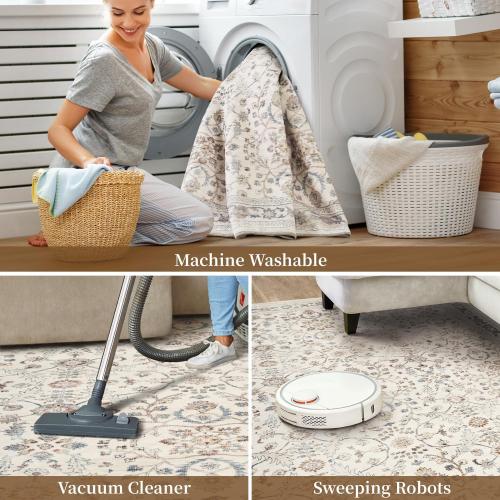 MontVoo-Vintage Area Rug 8X10 Color Beige for Living Room - Soft Distressed Printed Carpet for Bedroom - Non Slip, Machine Washable for Dining Room, Bedside, Office