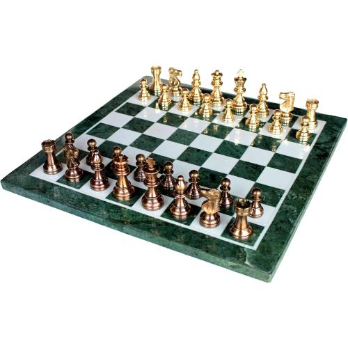 StonKraft Collectible Green Marble Chess Board Set   Brass Crafted Pieces Pawns - Decorative Stone Chess - Home Décor - 15 Inches