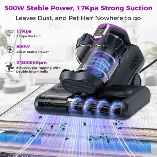 winterbear Mattress Vacuum Cleaner, 17Kpa Suction 500W High Power Handheld Roller-Type Bed Vacuum Cleaner with U-V-C Light & High Heating & Ultrasonic Tech, 2 * 30000Rpm Brush Rolls, Corded(Black)