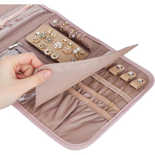BELALIFE Travel Jewelry Case Organizer, Medium Foldable Storage Roll for Earrings, Necklaces, Rings, Bracelets, Brooches, Pink