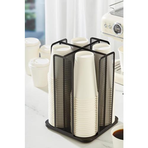 Annova Paper/Plastic Cup and Lid Holder Plastic Storage Organizer, 360°Rotating Coffee Mup Dispenser with 4 Compartments, Multifunctional Storage Rack for Home, Office, Bar, Coffee Shop (Black)