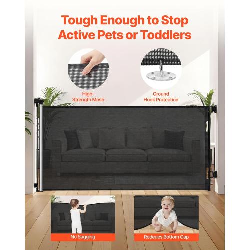 VEVOR Retractable Baby Gate, Easy to Use, Walk Through Without Tripping, Mesh Dog Gate for Stairs, Hallways, Indoor/Outdoor, Black  (NO TEST)