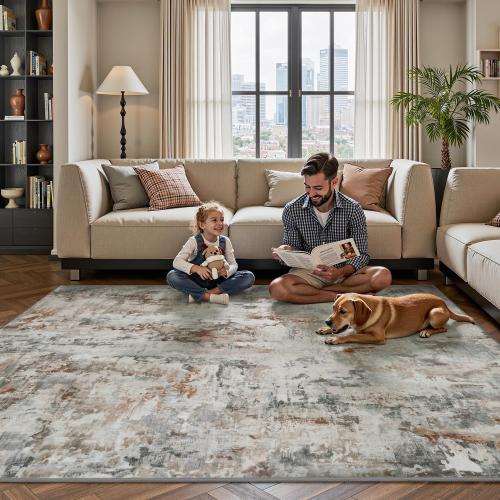 tchdio Area Rug 8x10 Rugs for Living Room- Abstract Soft Living Room Rug-Non Slip Carpet- Washable Rug for Bedroom Dining Room Home Office Modern Rugs Light Grey/Brown/Red