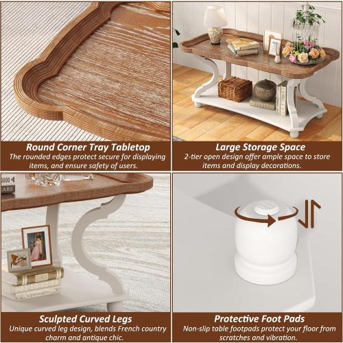 Function Home Farmhouse Coffee Table, 2-Tier Center Table with Storage Shelf, 39.8 French Country Rectangle Accent Table with Natural Tray Top and Curved Legs for Living Room Balcony, Vintage White
