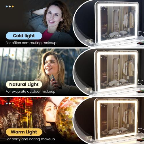Vanity Mirror with Lights, 23x 18 Large LED Lighted Mirror with Detachable 10X Magnification & 3 Colors Modes, and USB Charging Port for Vanity Desk Tabletop (White, 23 * 18)