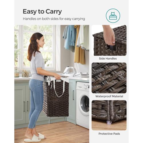 SONGMICS Laundry Hamper with Lid, 110L Clothes Hamper with 2 Removable Liner Bags, 6 Mesh Bags, Wicker Laundry Basket, Double Laundry Hamper for Bathroom, 13 x 22.4 x 23.6 Inches, Brown ULCB052K02