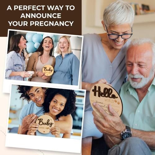 Baby Coming Soon Announcement - Wooden Double-Sided Pregnancy Sign for Hospital, Welcome Hello World Newborn, Name Birth