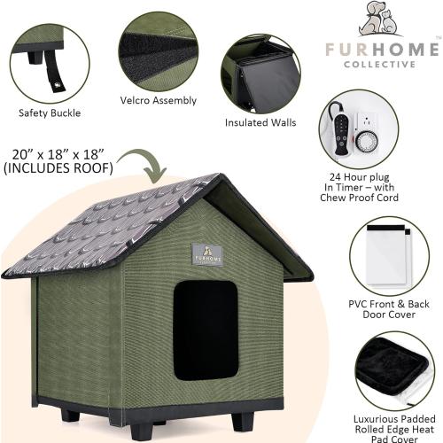 Color olive Heated Cat House for Outside - Cat Houses for Outdoor Cats - Heated Cat House - Outdoor Cat House - Cat Houses for Indoor Cats