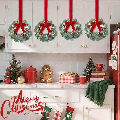 12 Pack 12 Inch Mini Christmas Wreath Small Christmas Kitchen Cabinet Wreaths with Red Bow Eucalyptus Leaves Flowering Boxwood Branches Red Berry Xmas Wreaths for Windows Door Wall Stairs Home Decor