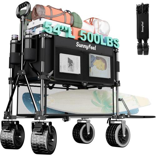 SUNNYFEEL 400L Large Capacity Double Decker Wagon with Tailgate | 500LBS Heavy Duty Sports Wagon, 54 Extra Long Extender Collapsible Wagon Cart, All Terrain Wheels for Garden, Beach, Black