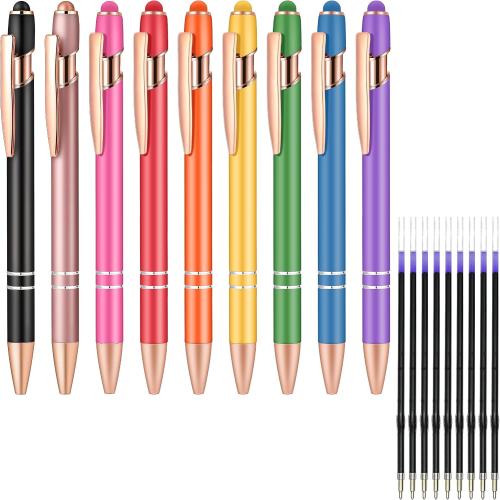 Aozora 18 Pack Ballpoint Pens Smooth Writing 2-in-1 Stylus Retractable Ballpoint Pen with Stylus tip, Office Decor Metal Stylus Pen for Touch Screens, 1.0 mm Black Ink (9 Pens with 9 Refills)