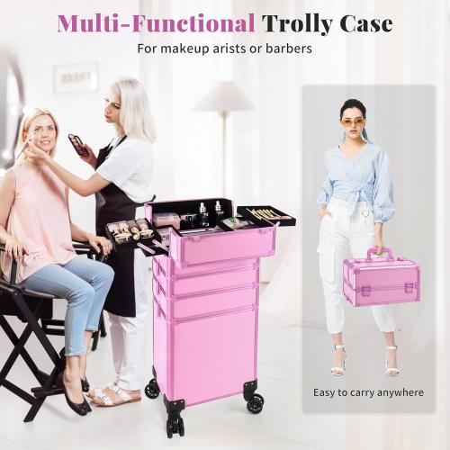 Rolling Makeup Train Case Large Storage Cosmetic Trolley 5 in 1 Large Capacity Trolley Makeup Travel Case with Key Swivel Wheels Salon Barber Case Traveling Cart Trunk, Pink