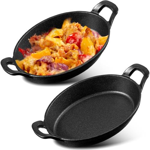 Mifoci 2 Pcs Oval Serving Dish Mini Cast Iron Skillet Cast Iron Baking Pan Sizzling Plate Matte Black Gratin Cookware for Home Restaurant Kitchen Food Service Barbecue (10.8 X 6.1)