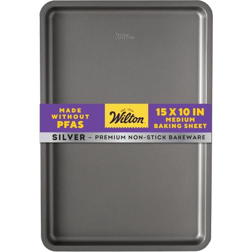 Wilton Silver Non Stick Medium Baking Sheet, 15.25 x 10.25 Inch, Cookie Sheet for Baking, Roasting, Sheet Pan Meals, Made without PFAS, Durable Steel, Even Heating