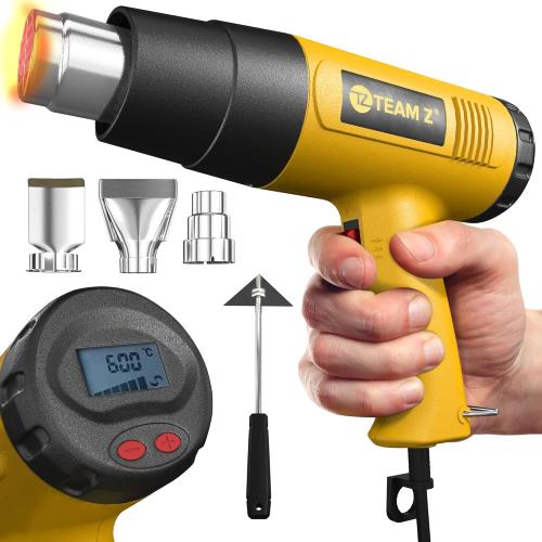 Team Z 1800W Heat Gun Kit 212°F to 1112°F(Only °F)- Fast Heating Heavy Duty Hot Air Gun, LCD Display, Overload Protection with 4 Nozzles for Shrink Wrap, Soften Paint, Bend Plastic Pipes and More