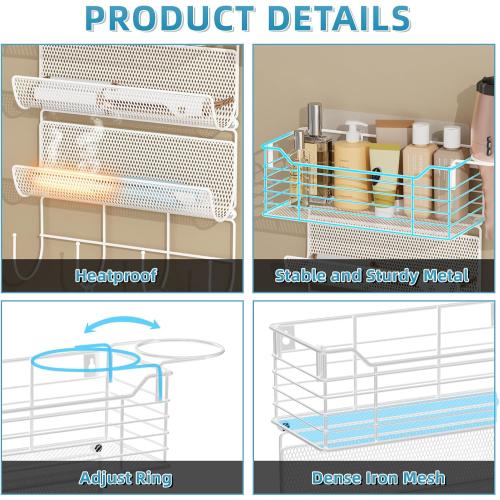 VITVITI Metal Hair Tool Organizer Wall Mount, Hair Dryer Holder with 3 Tier Shelf Basket Hooks, Bathroom Hair Styling Tool Organizer for Curling Iron/Blow Dryer/Straightener, White