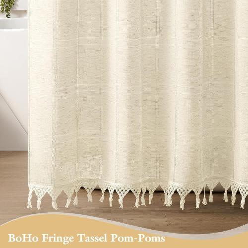 Linen Boho Farmhouse Shower Curtain Set with Tassel, Modern Bohemian French Country Chic Bathroom Shower Curtain Set with PEVA Liner, Cotton Hollow Fabric Shower Curtain,72x72 - Beige/Cream