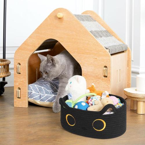 Black Cat Toy Basket, Small Woven Cat Toy Storage Box with Cute Ears Handle Indoor, Cotton Rope Storage Bin with Embroidered Face for Halloween Decor, Pet Bed, Nursery Kids Room Organization